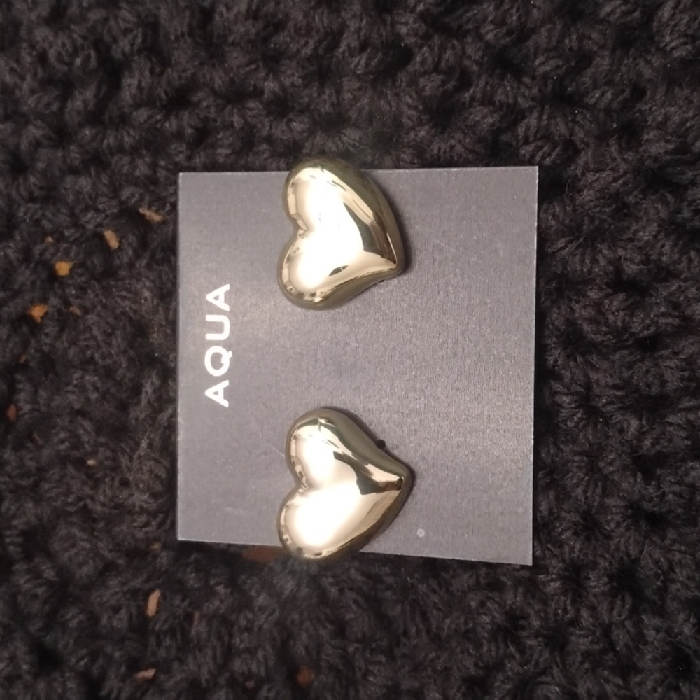 Aqua Puffy Heart Stud Earrings in Gold NWT